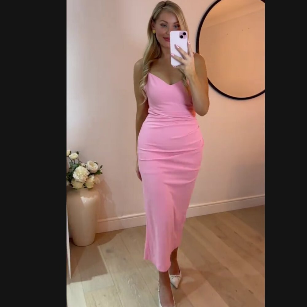 ZARA PINK RUCHED MIDI DRESS - Picture 6 of 7